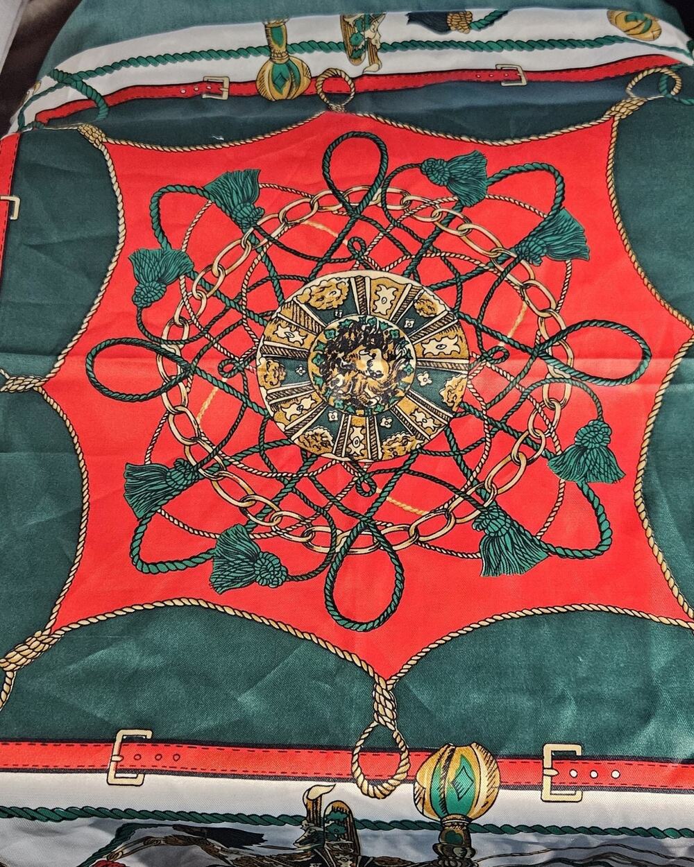Satin Square Scarf Equestrian Geometric Print Green Red Gold White Women